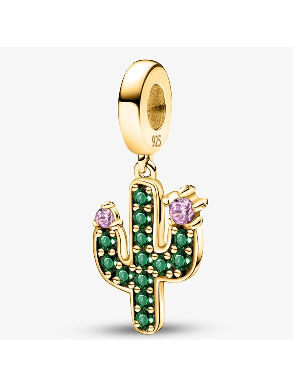 925 Gold Cactus Dangle Charm Green CZ Desert Charm